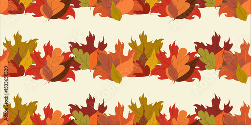 Seamless vector border pattern of layered autumn leaves in rich fall colors on a light cream background. Ideal for decorative strips or trims in seasonal autumnal designs.