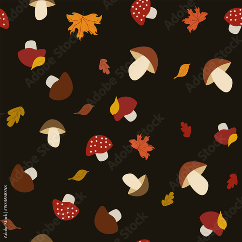 Autumn mushroom seamless vector pattern with seasonal forest fungi in warm tones. Ideal for fall-themed design, packaging, and autumnal creative projects.