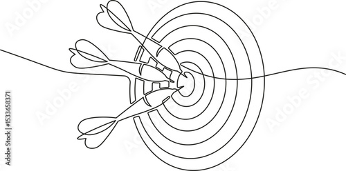 One line drawing of dart hitting target board. Minimalist continuous line art of archery or darts concept for precision and focus.