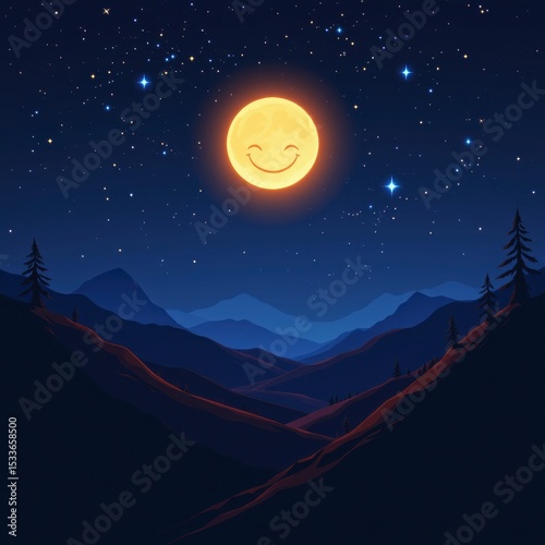 Smiling Moon Over Pixelated Mountain Landscape at Night