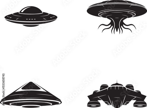 Alien spaceship silhouette set vector illustration isolated On Transparent Background
