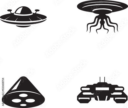 Alien spaceship silhouette set vector illustration isolated On Transparent Background
