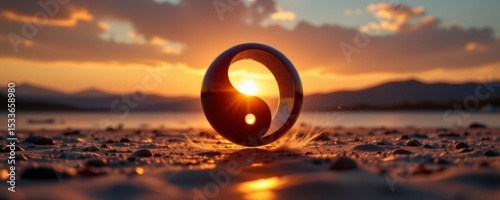 Serene Sunset Landscape with Yin Yang Sphere on Pebbly Beach
