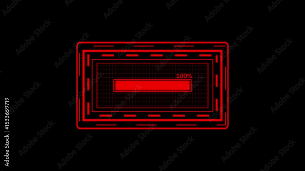 Red technology interface with a progress bar illustrating digital data processing. Loading bar with percentage inside a tech-style frame. Progress indicator visualizes task completion