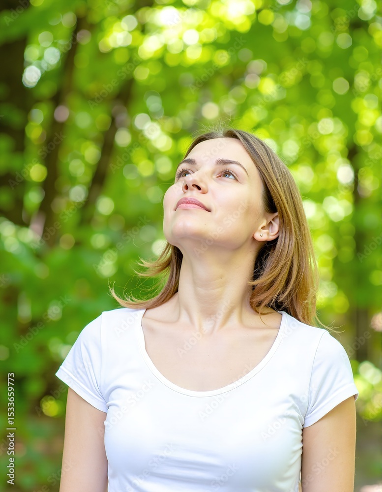 A woman wearing a crisp white shirt gazes thoughtfully at the clear blue sky, her hair gently swaying in the breeze, embodying a moment of reflection. A woman wearing a crisp white shirt gazes thoughtfully at the clear blue sky, her hair gently swaying in the breeze, embodying a moment of reflection.