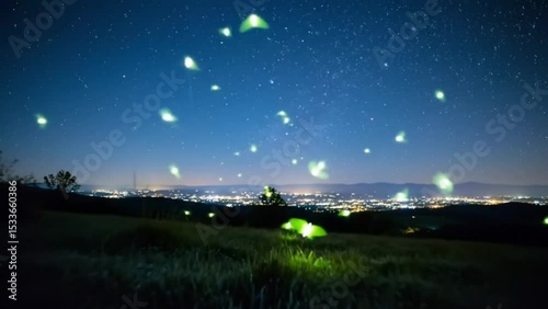 Glowing fireflies flying over grassy field under starry night sky with city lights twinkling on horizon in calm summer landscape. Nature night concept
