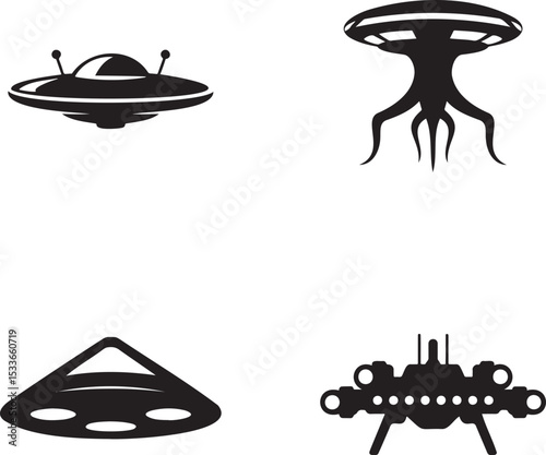 Alien spaceship silhouette set vector illustration isolated On Transparent Background