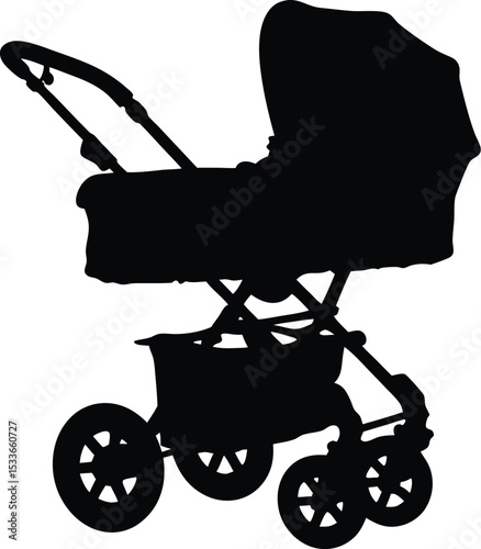 baby stroller silhouette, pram vector icon, newborn carriage design







