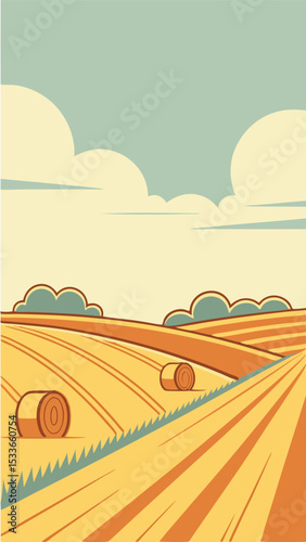Stylized illustration of a wheat field with hay bales and pastel sky design