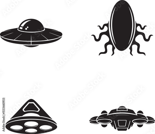Alien spaceship silhouette set vector illustration isolated On Transparent Background