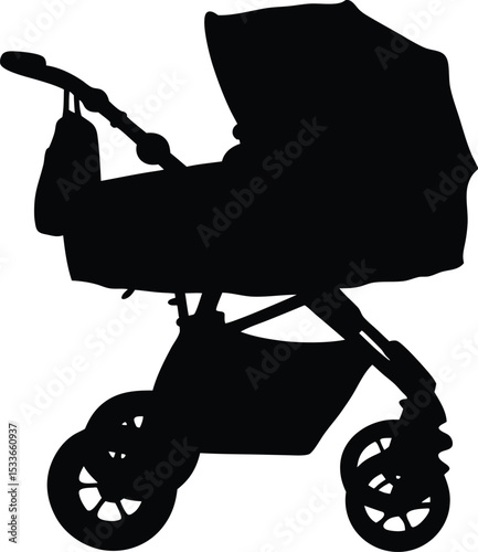 baby stroller silhouette, pram vector icon, newborn carriage design







