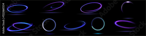 Neon swirl. Curve blue line light effect. Abstract ring background with glowing swirling background. Energy flow tunnel. Blue portal, platform. Magic circle vector.