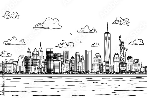 New York City kyline with iconic landmarks and water reflection.