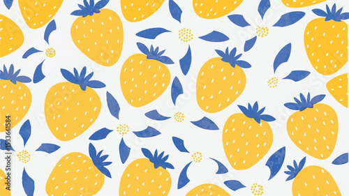 A repeating pattern of yellow strawberries and blue flowers on a white background design style illustration