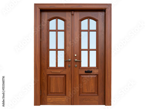 Traditional Wooden Front Door with Arched Glass Insets – Transparent