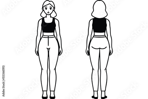 Front and back views of a stylish woman vector with outlined outlines on white