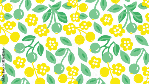 A repeating pattern of yellow flowers and yellow and green cherries with green leaves on a white background