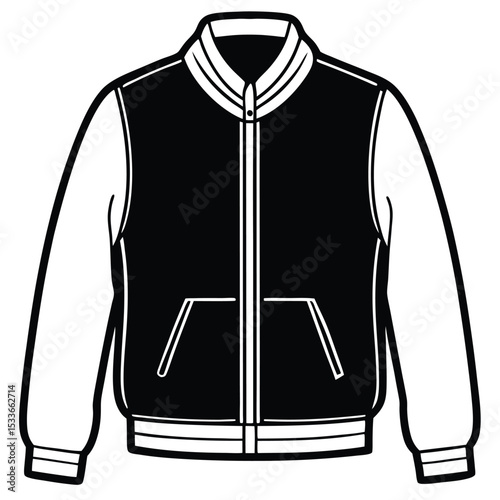Vector illustration of a black and white varsity jacket with detailed outlines and pockets