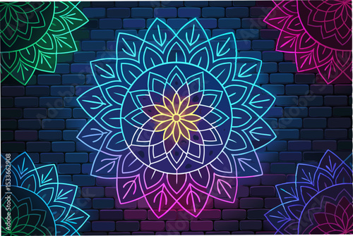 Create a vibrant abstract background featuring a neon-colored fractal mosaic pattern.  Vector format preferred, emphasizing sharp lines and geometric shapes.