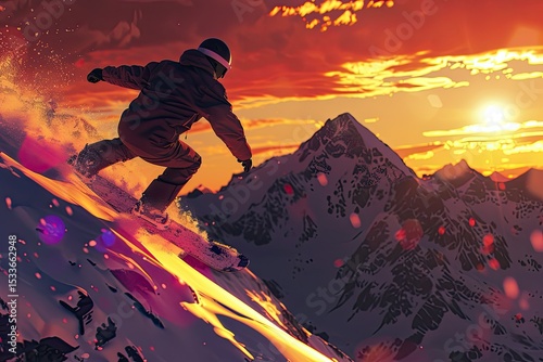 Premium Quality Image of Dramatic Snowboarding Jump with SunsetLit Snow Peaks in Background