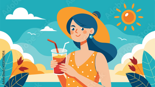 Summer day illustration featuring a woman with beverage enjoying the sun and sky