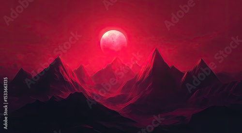 Crimson moon ascends over jagged peaks