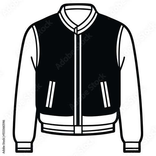 Black and white vector illustration of a varsity letterman jacket isolated on white background