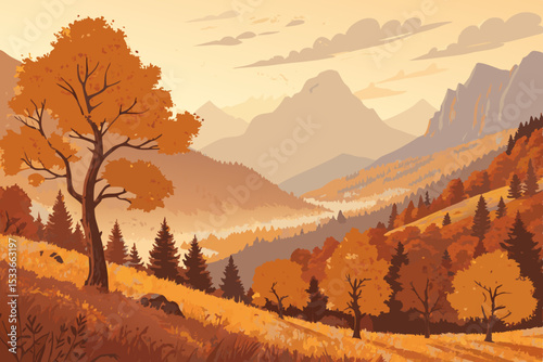 Golden hour illuminates vibrant orange autumn trees clinging to majestic mountains, creating a breathtaking fall landscape.