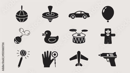 A collection of delightful black and white toy icons showcasing classic playthings for children's entertainment