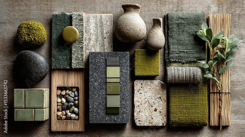Creative architect and interior designer moodboard with a flat lay composition in grey and green color palette featuring textile and paint samples, panels, and tiles in a top view.
