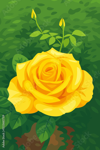 This image is a vibrant digital illustration of a fully bloomed yellow rose, depicted in a stylized, vector art style. The rose is centrally positioned, with intricately layered petals showcasing