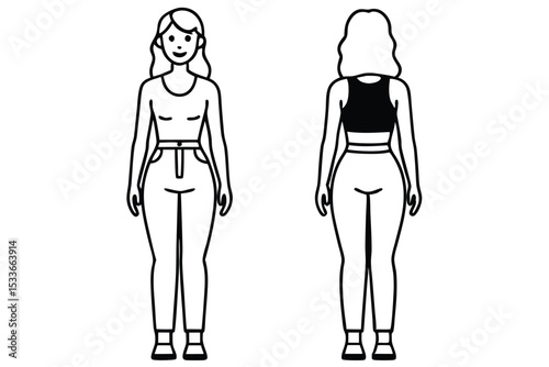Front and back view illustration of a woman in casual clothing with transparent background