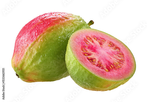 Fresh guava fruit with half cut on transparent background for designers