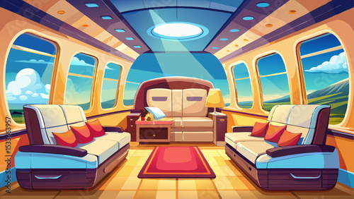 a luxurious interior of a private jet showcasing a comfortable seat stylish decor and refreshing views of the sky embodying the epitome of elite travel lifestyle and sophistication Very beautiful