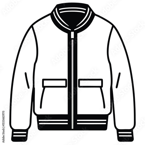 Simple black and white illustration of a stylish unisex bomber jacket with pockets and zipper