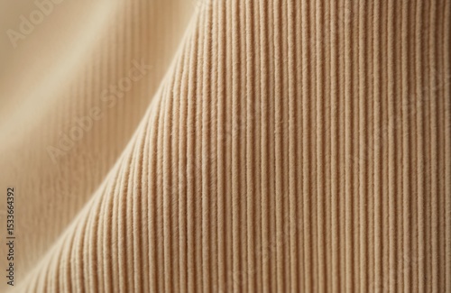 Tan corduroy fabric closeup. Textile material has vertical ridges, creating striped pattern. Soft, textured, ideal apparel design background for fashion, clothing industry.
