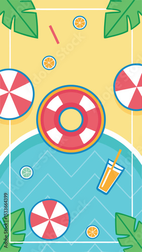 Summer poolside scene with floaties oranges and drink graphic vector illustration