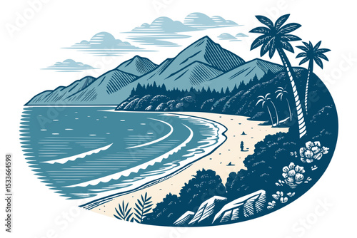 Create a bold, vector illustration of a curved coastal bay with a stylized mountainous backdrop.  High contrast, clean lines.