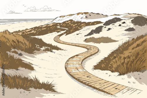 Create a bold vector illustration of an aerial beach view, emphasizing strong outlines and vibrant colors.  High-resolution, detailed sand, water, and possibly buildings.