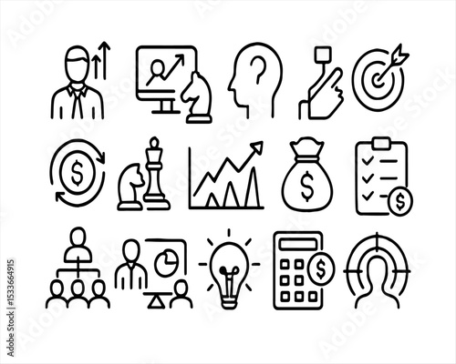 A set of business and financial icons, designed with clean, minimalist line art on the backdrop. These icons represent concepts like growth, strategy, finance, and planning