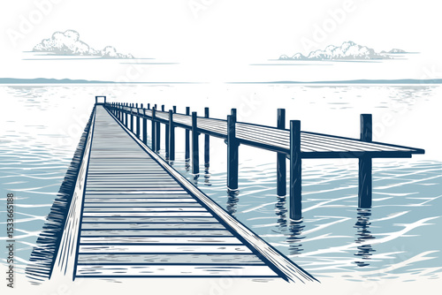 Create a bold, vector illustration of a long, wooden dock stretching out into calm water.  Include detailed wood texture.