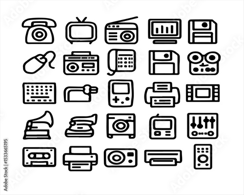A collection of outlined technology and communication icons against a backdrop. These icons depict vintage technology and communication, adding a touch of nostalgia. 