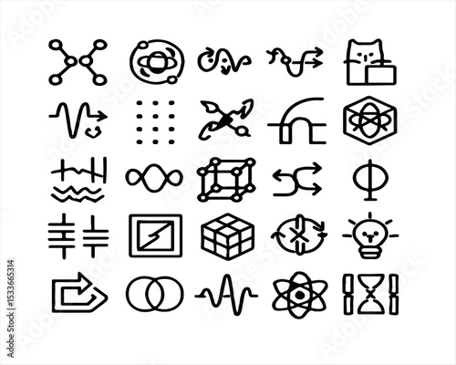A collection of geometric icons with various scientific symbols and shapes