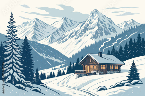 Create a bold, vector illustration of a dramatic alpine landscape featuring sharp peaks, snow, and a winding path.  Include a single, prominent element (1) such as a chalet or hiker.