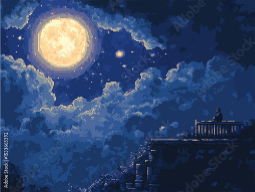 Flat Vector Illustration of a Shadowy Figure Sitting on a Rooftop Under a Bright Full Moon in a Peaceful Night Sky