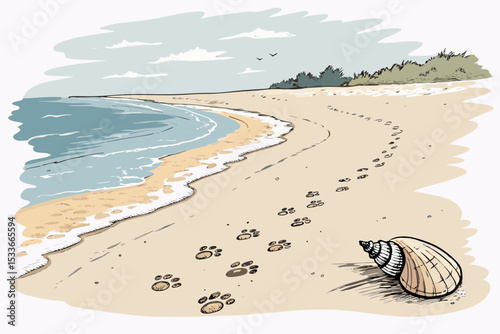 Create a bold, vector illustration of a deserted sandy beach with clearly defined, thick strokes.  Show a wide expanse of sand and calm ocean.