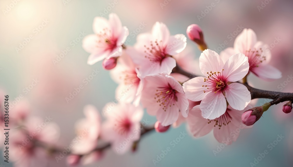 Soft focus cherry blossom branches in pastel hues, evoking a serene spring atmosphere. Pink petals, fresh buds, branches, natural light background. Springtime, bloom, beauty, tranquility, freshness. Soft focus cherry blossom branches in pastel hues, evoking a serene spring atmosphere. Pink petals, fresh buds, branches, natural light background. Springtime, bloom, beauty, tranquility, freshness.
