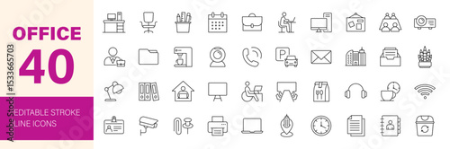 Office icon set. Containing briefcase, desk, computer, workspace, laptop, whiteboard, projector and more. Editable line icons. Vector illustration.
