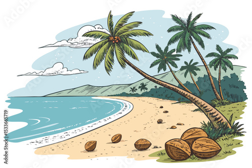 Create a bold vector illustration of a peaceful tropical beach scene with vibrant colors and thick outlines.