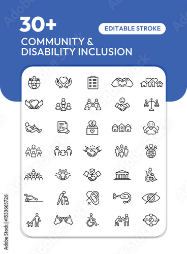 Collection of outline icons representing community, disability, and inclusion concepts.